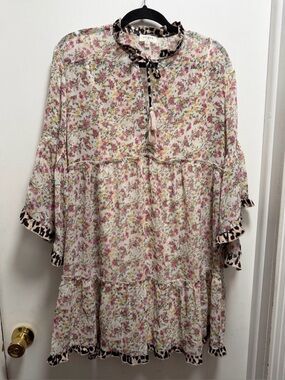 Umgee Floral  Dress Flutter Long Sleeve Animal Print Accent Print Lined Sz L